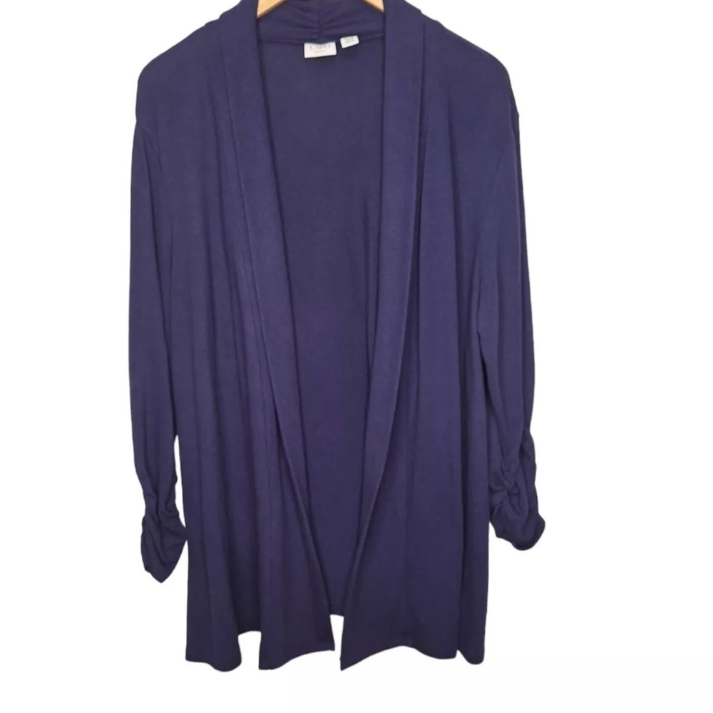 Cato Woman Open Front‎ Cardigan 22/24W Navy 3/4 Ruched Sleeves Stretch Relaxed